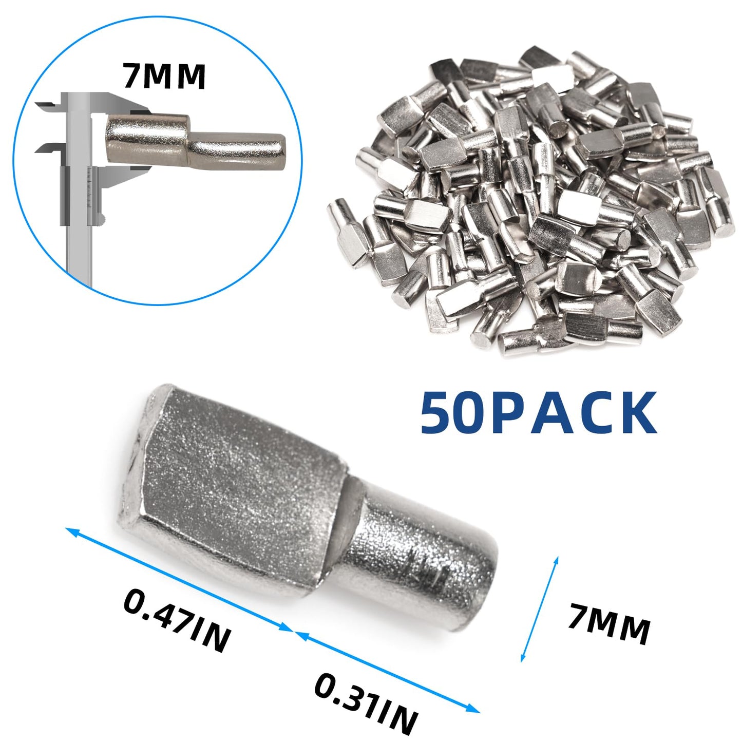 Benkyo 7mm Shelf Pins Cabinet Shelf Pegs 7mm Metal Shelf Pegs for Shelves Shelf Holders Pegs Shelf Support Pegs （50 Piece）