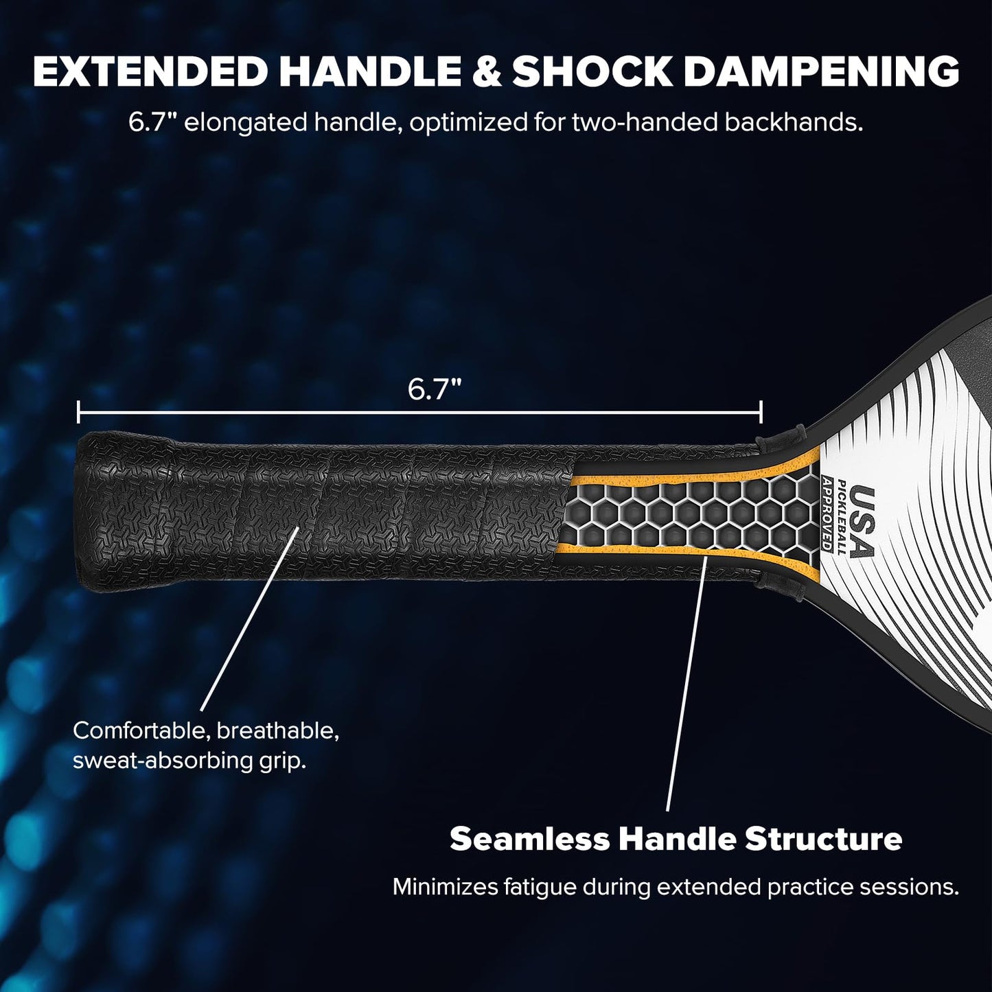 Pickleball Training Paddle – USAPA Approved | 360° Thermoformed | T700 Carbon Fiber | High-Spin Grit Coating | Ultra-Strong Power & Spin for Consistent Training，Extra Long Handle, 16mm Core, Black