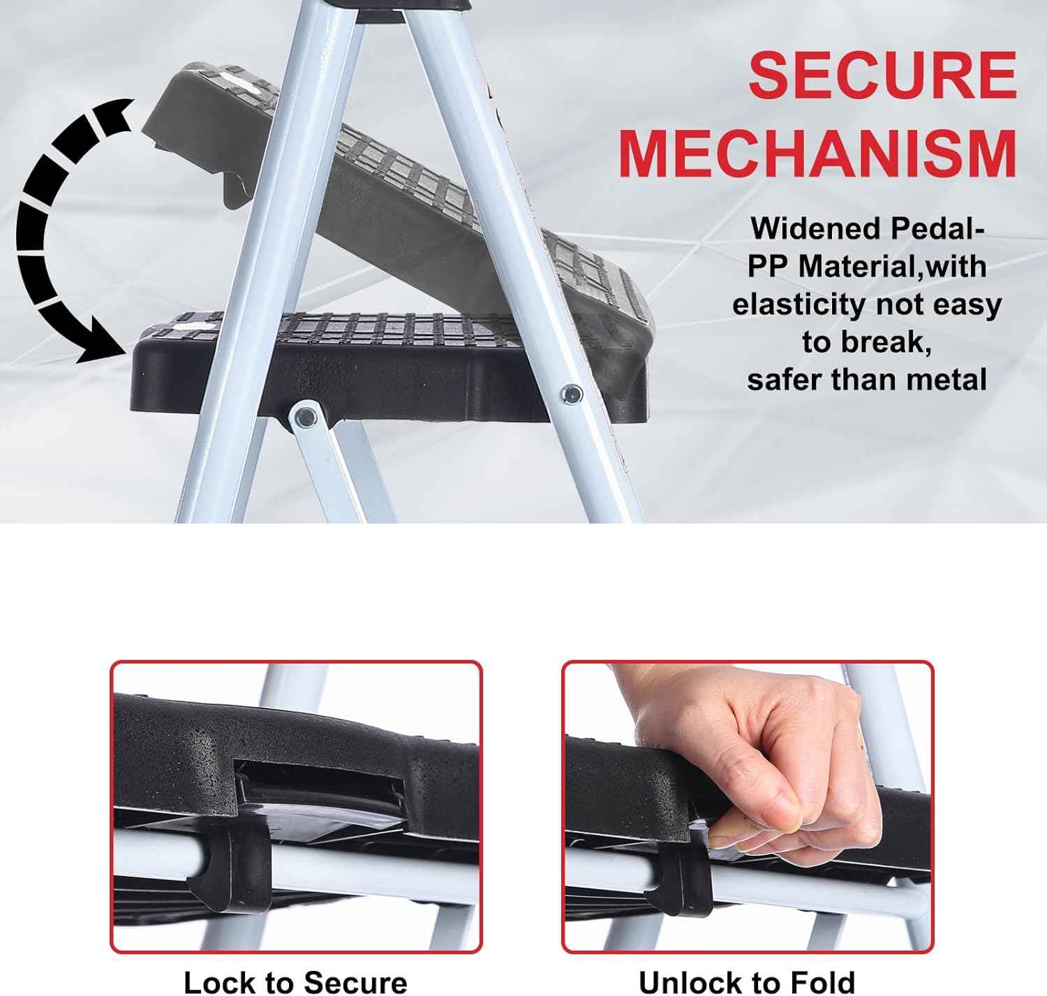 Portable 3-Step Folding Ladder - Sturdy Steel Step Stool with Anti-Slip Pedal & Handgrip, 500lbs Capacity for Home & Office