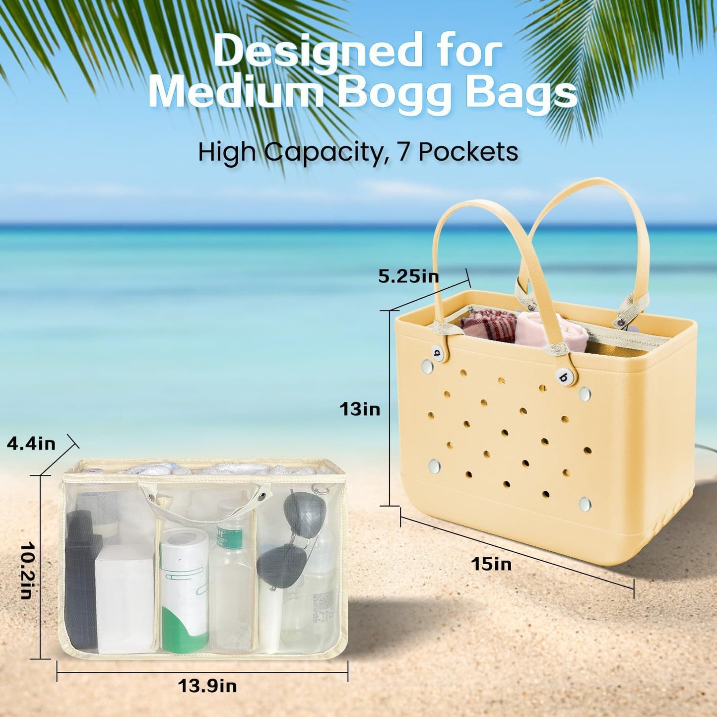 XYFuuee Beach Bag Organizer - Medium Bogg Bag Inserts with 8 Removable Fasteners | Lightweight Mesh Divider, Khaki