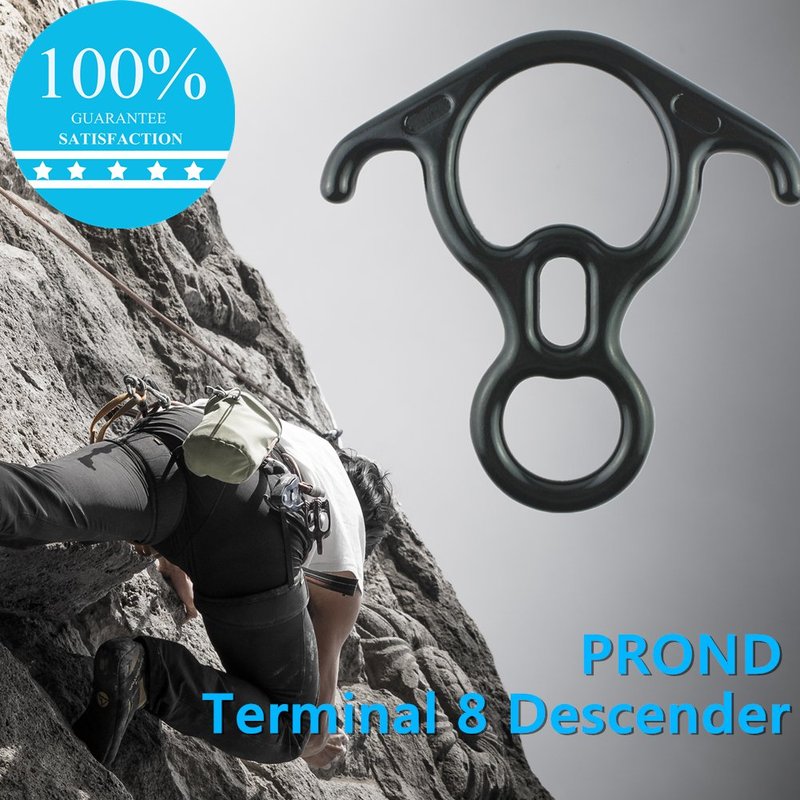 PROND Terminal 8 Descender, Rescue Figure 8 Descender with Lock Off Ears, 50KN Aluminum Alloy Bent-Ear Descender for Climbing Rescuing Or Escaping Descender, Climbing Belay & Rappel Equipment (Black)