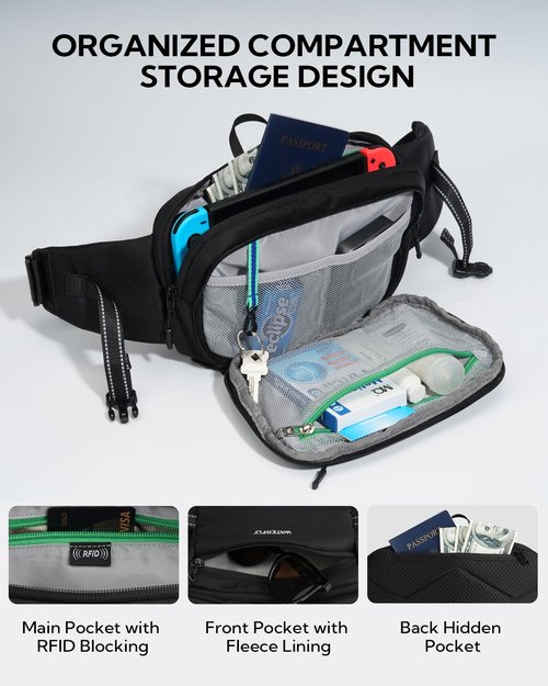 WATERFLY 3L Large Fanny Pack, 180° Opening Hip Pouch with Multi-Pockets, Anti-Theft RFID Blocking Waist Bag for Women Men Traveling Hiking Daily Use