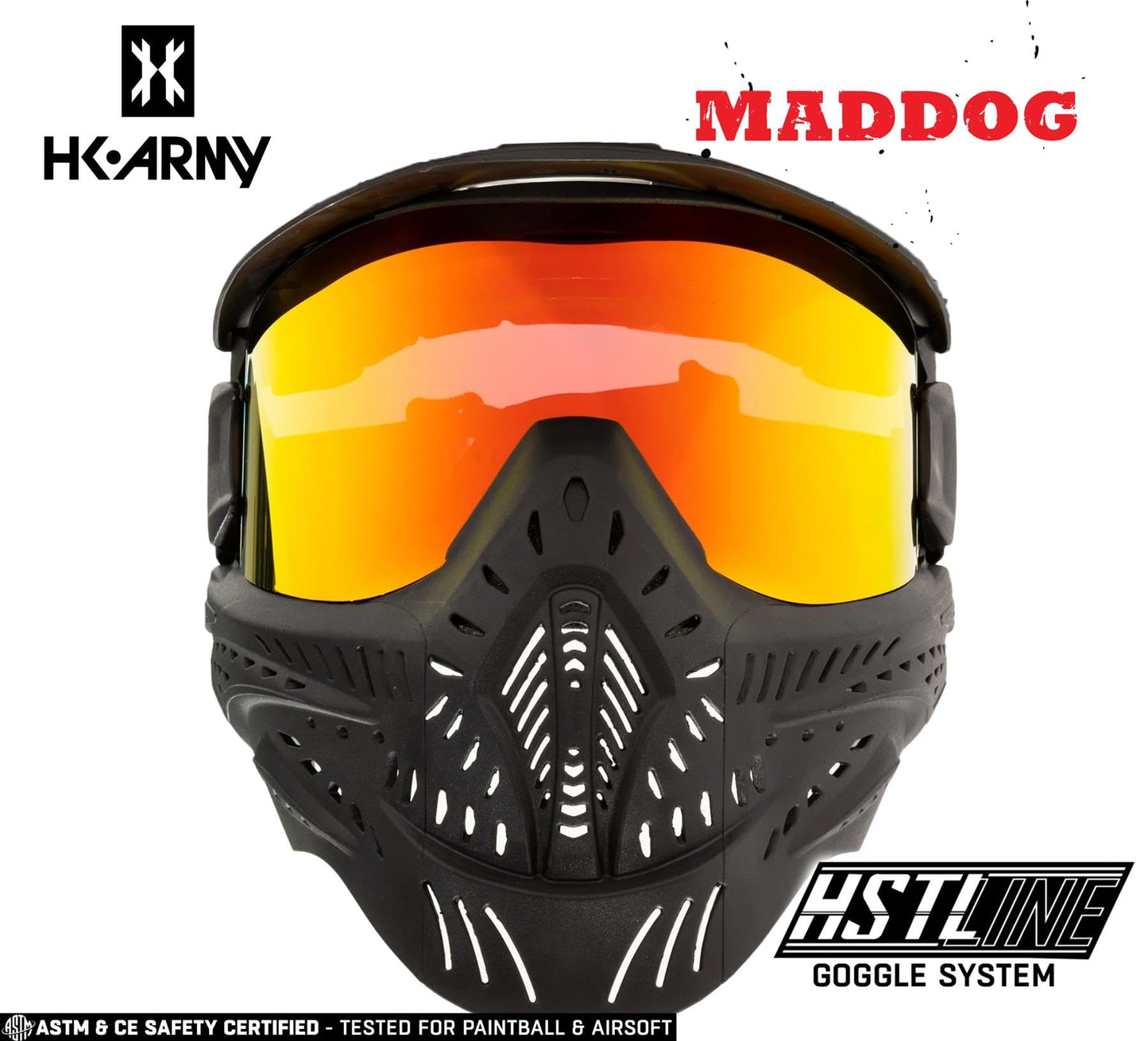 Maddog HK Army HSTL Paintball Airsoft Mask Goggle System | Replaceable Thermal Dual-Pane Anti Fog Lens | Adjustable Full-Face Safety Certified Protection - Black with Fire Lens