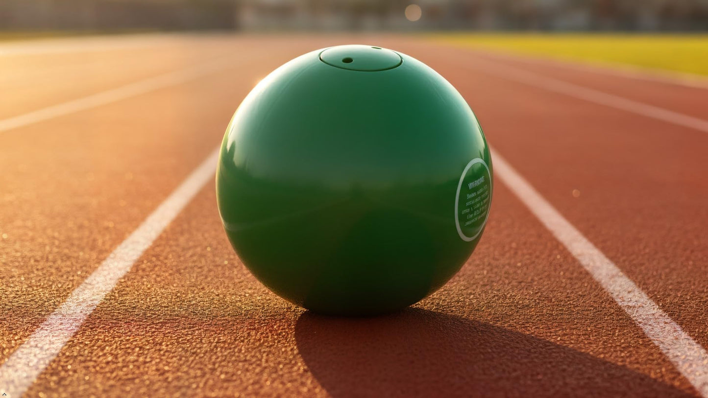 RT Green 4k turned iron shot put. Skillfully made. Meets all IAAF specifications. Lathe turned to 103mm. Regularly seen in top competition. Increase your personal record with this proven medal winner.