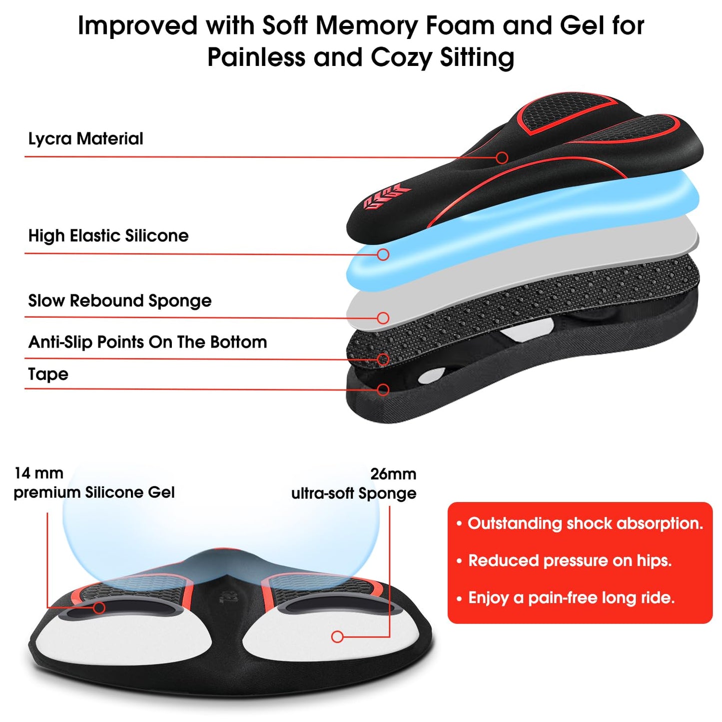 MSDADA Bike Seat Cushion - Gel Bike Seat Cover Padded for Men & Womens Comfort, Soft Bicycle Saddle Compatible with Exercise Spin Stationary Bike, for Indoor and Outdoor Cycling (Red)