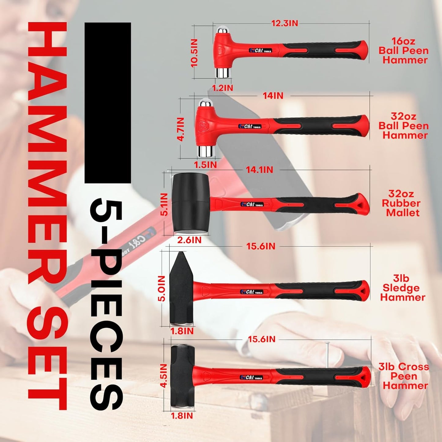 5-Piece Hammer Set with Fiberglass Handles | Ball Peen, Rubber Mallet & Sledge Hammers