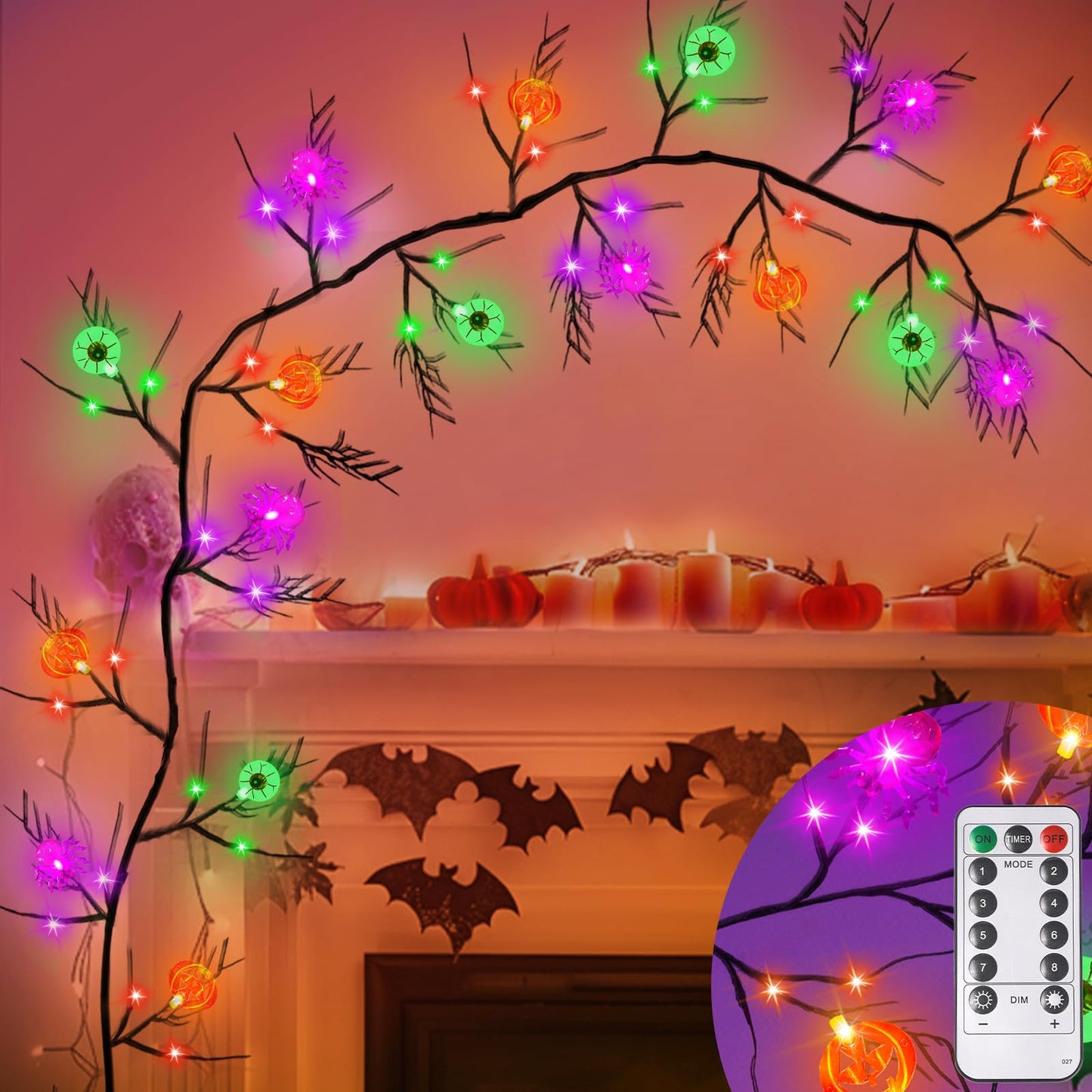 NPET 6 FT 54 LED Willow Twig Halloween Decorations Garland，Remote Control Pumpkin,Bats,Ghosts Eyeball Lights, 8 Modes Halloween Garland with Purple Green Orange Lights Indoor Mantle House Decor