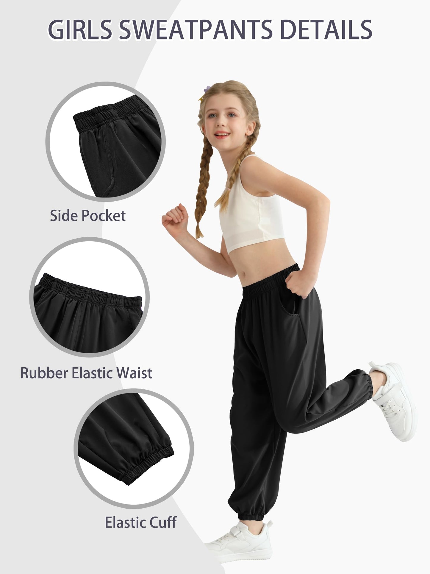 QBK 3T-14Years Girls Summer Lightweight Baggy Joggers with Pockets,Wide Leg Sweatpants Cinched Bottom Hip Hop Dance Pants(Black 7-8Years)