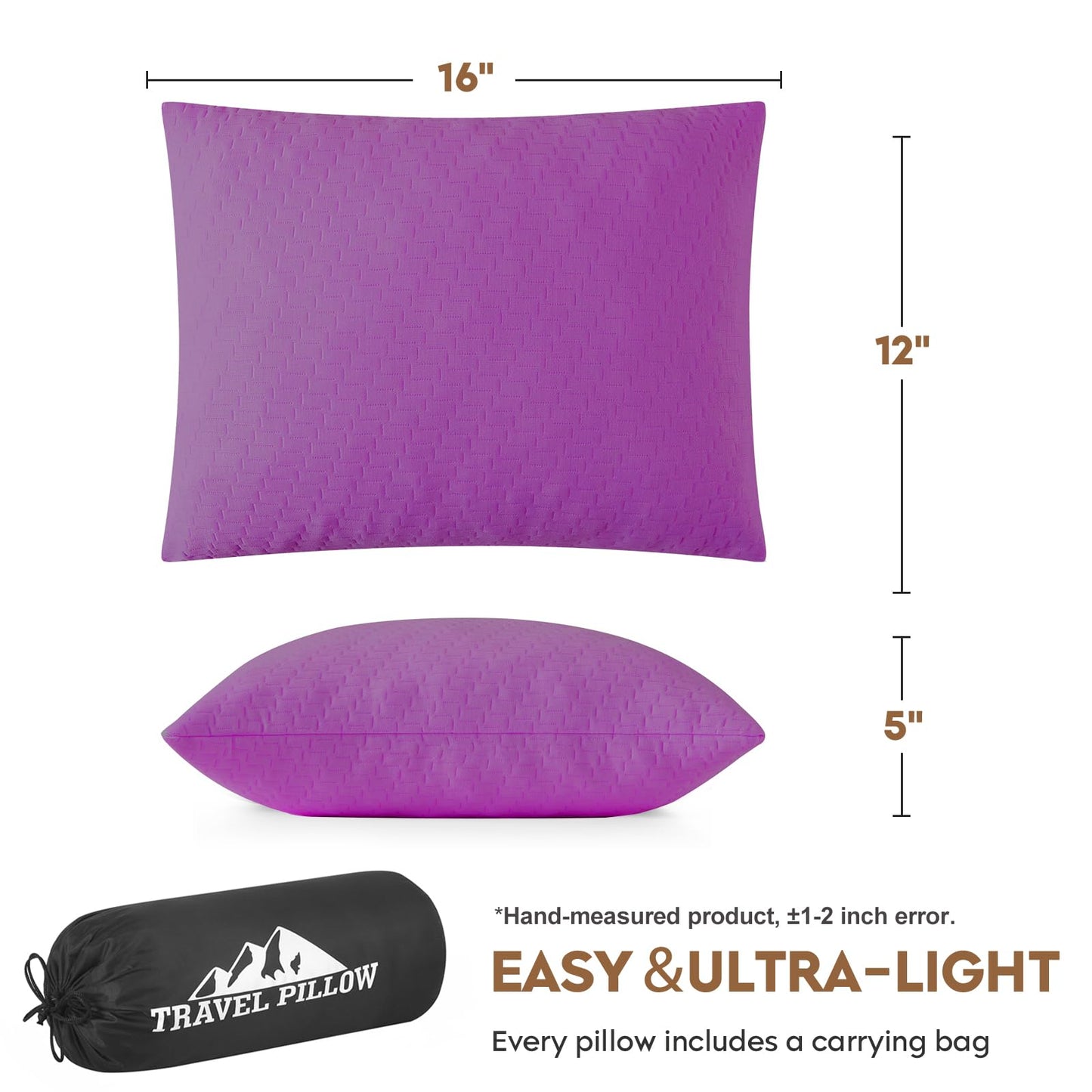 PEUJEW Small Shredded Memory Foam Pillow, Camping Pillow Travel Pillow - Compressible Medium Firm, Breathable Cover, Ideal Backpacking Hiking, Airplane and Car (Purple, S)