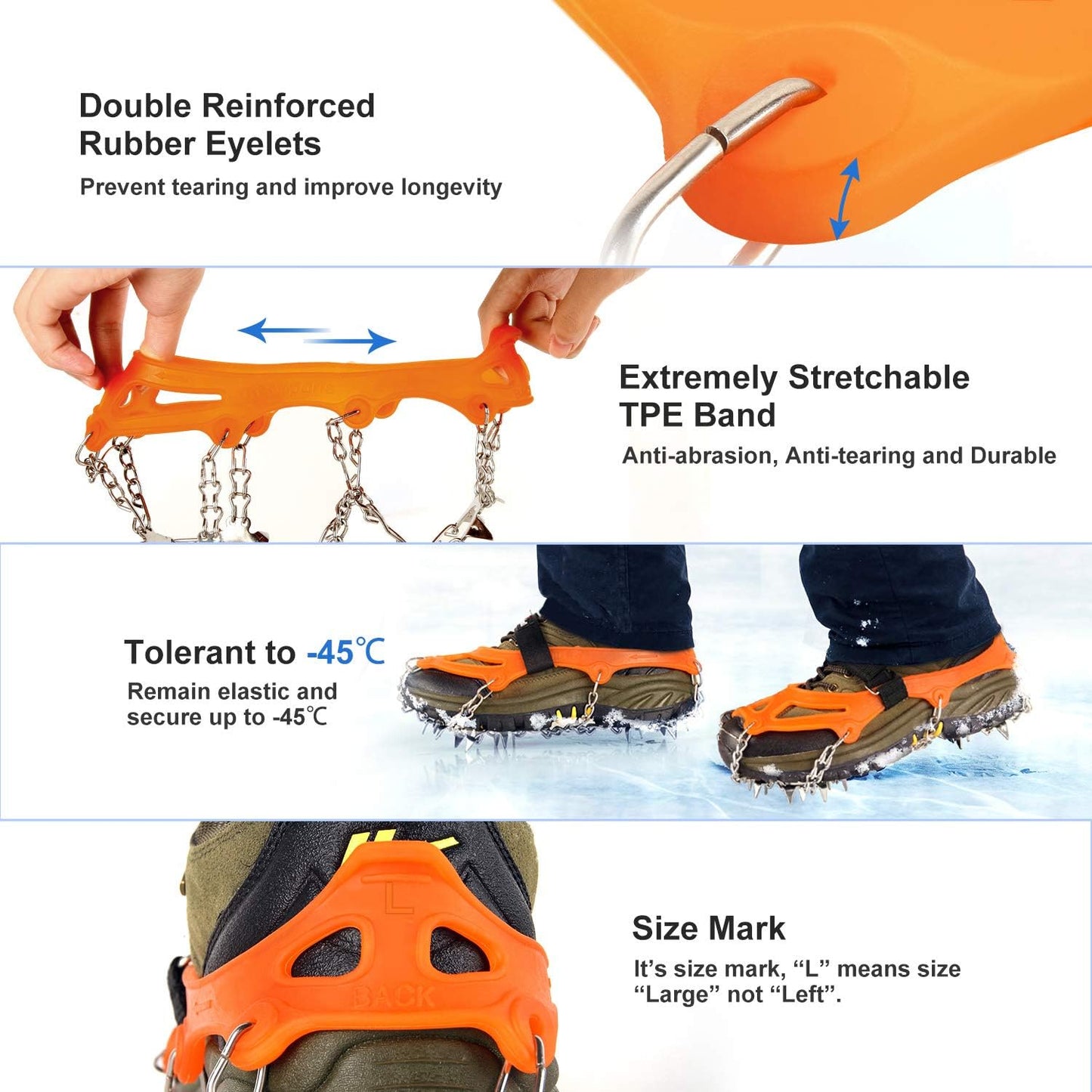 Unigear Crampons for Hiking Boots - 18-Spike Traction Ice Cleats for Walking, Jogging & Climbing