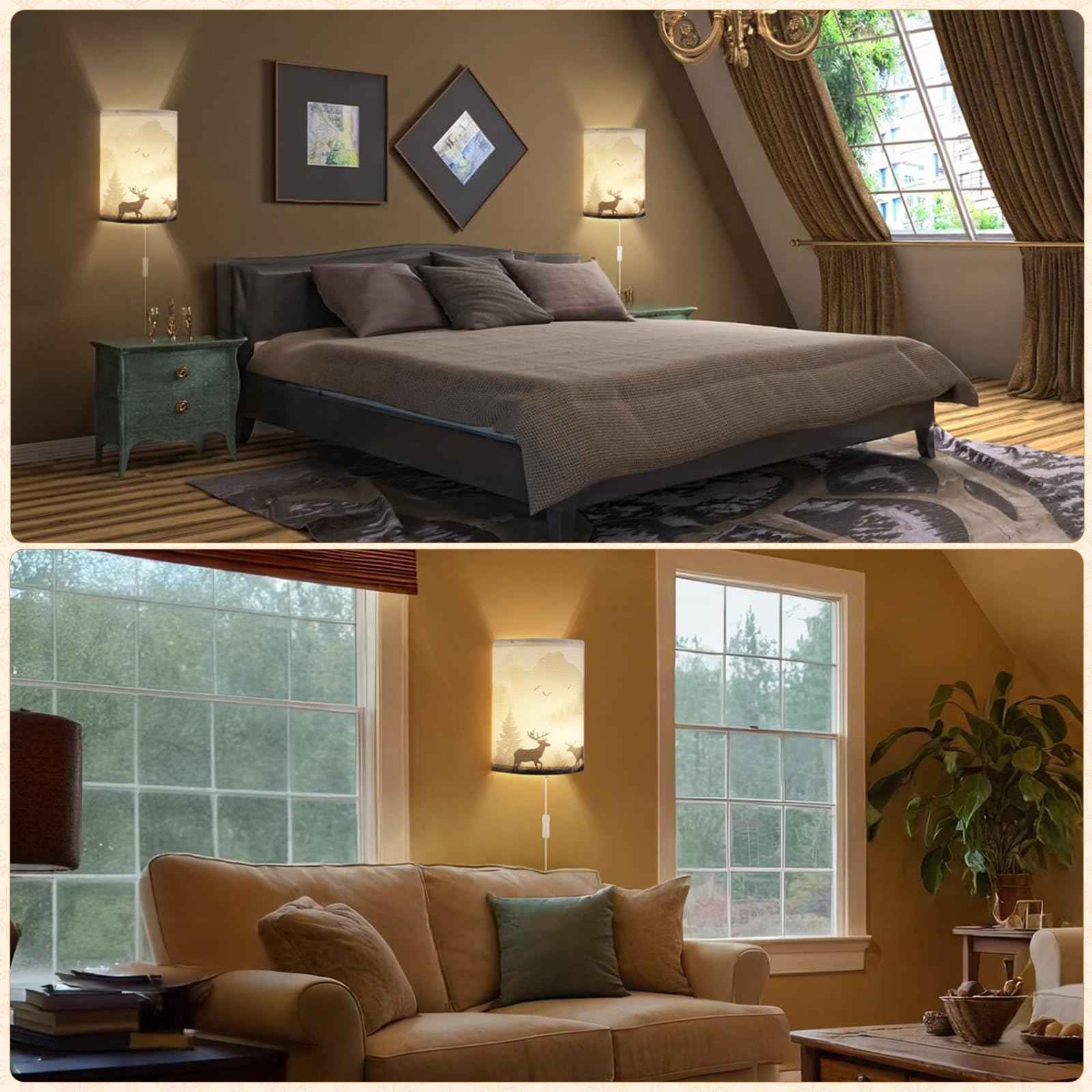 Novantl Fabric Plug in Wall Sconces, HD Printing Deer Wall Lamp, Rustic Farmhouse Corner Wall Sconce Plug in, Plug in Sconce with UL Certified Clear Cord, Wall Lamps for Living Room, Bedroom (2 Packs)