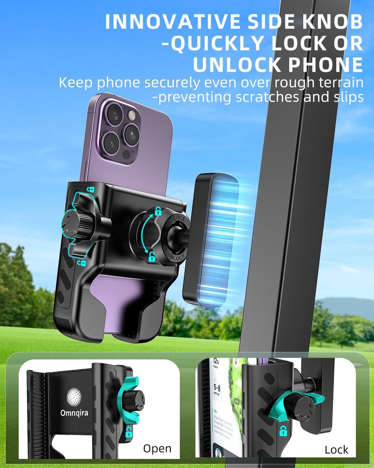 Omnqira Magnetic Golf Cart Phone Holder, Sturdy Aluminum Mount with 6X N52 Magnets & Quick-Lock Knob, 360° View for EZGO, Club Car, Yamaha, Golf Gifts for Men & Dad