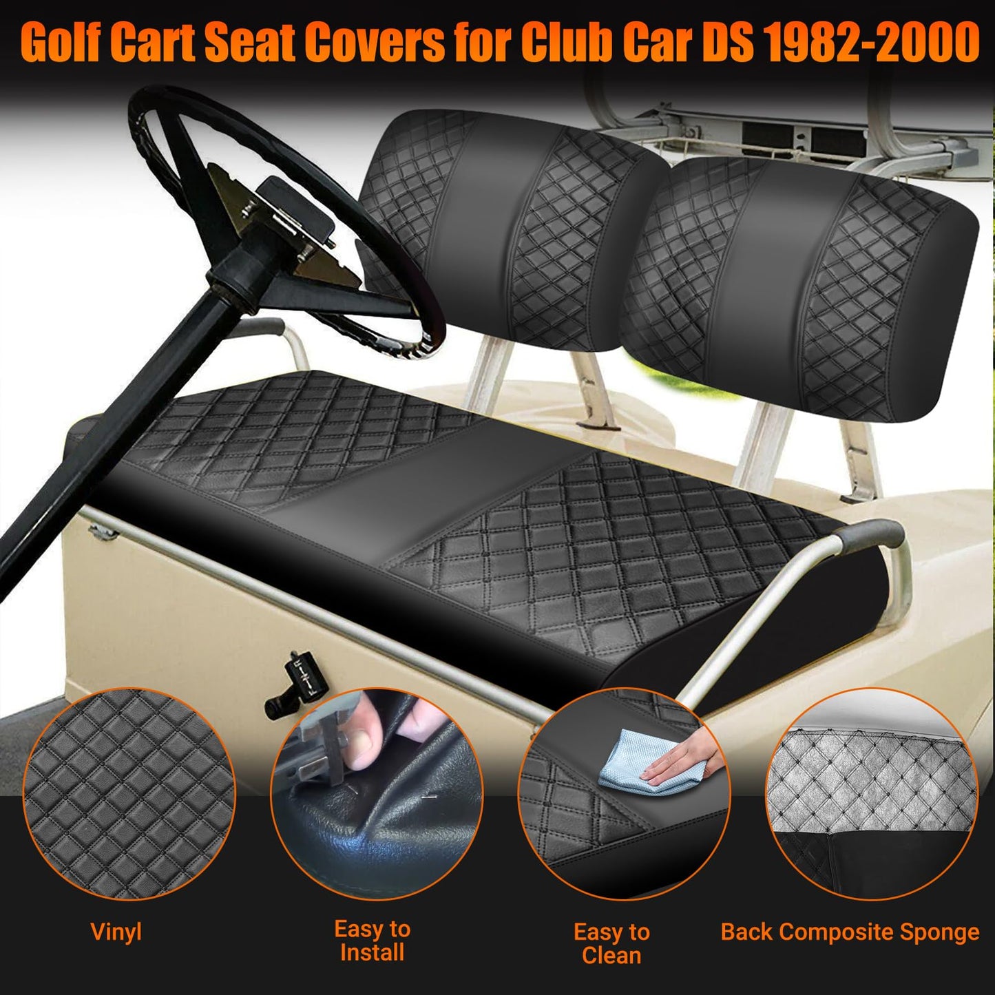 ZWPARTS Staple On Golf Cart Front Seat Covers Black Diamonds PU Leather Seat Covers Replacement for Club Car DS 1982-2000