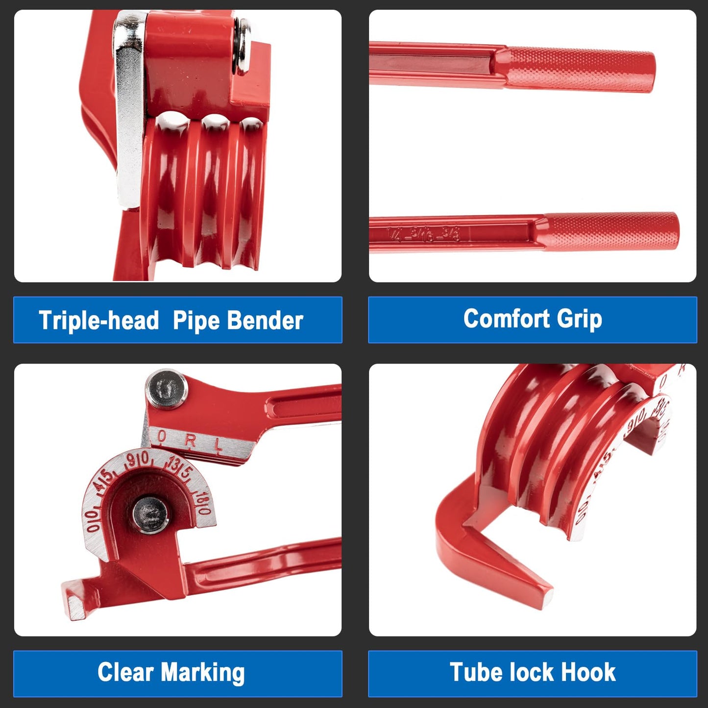 SYIZYEN 3 In 1 Tubing Bender, 0-180 Degrees Tube Bender Manual Pipe Bender Tool for 1/4 5/16 3/8 Inch Copper Aluminum Brass and Thin Steel Pipes(Red)