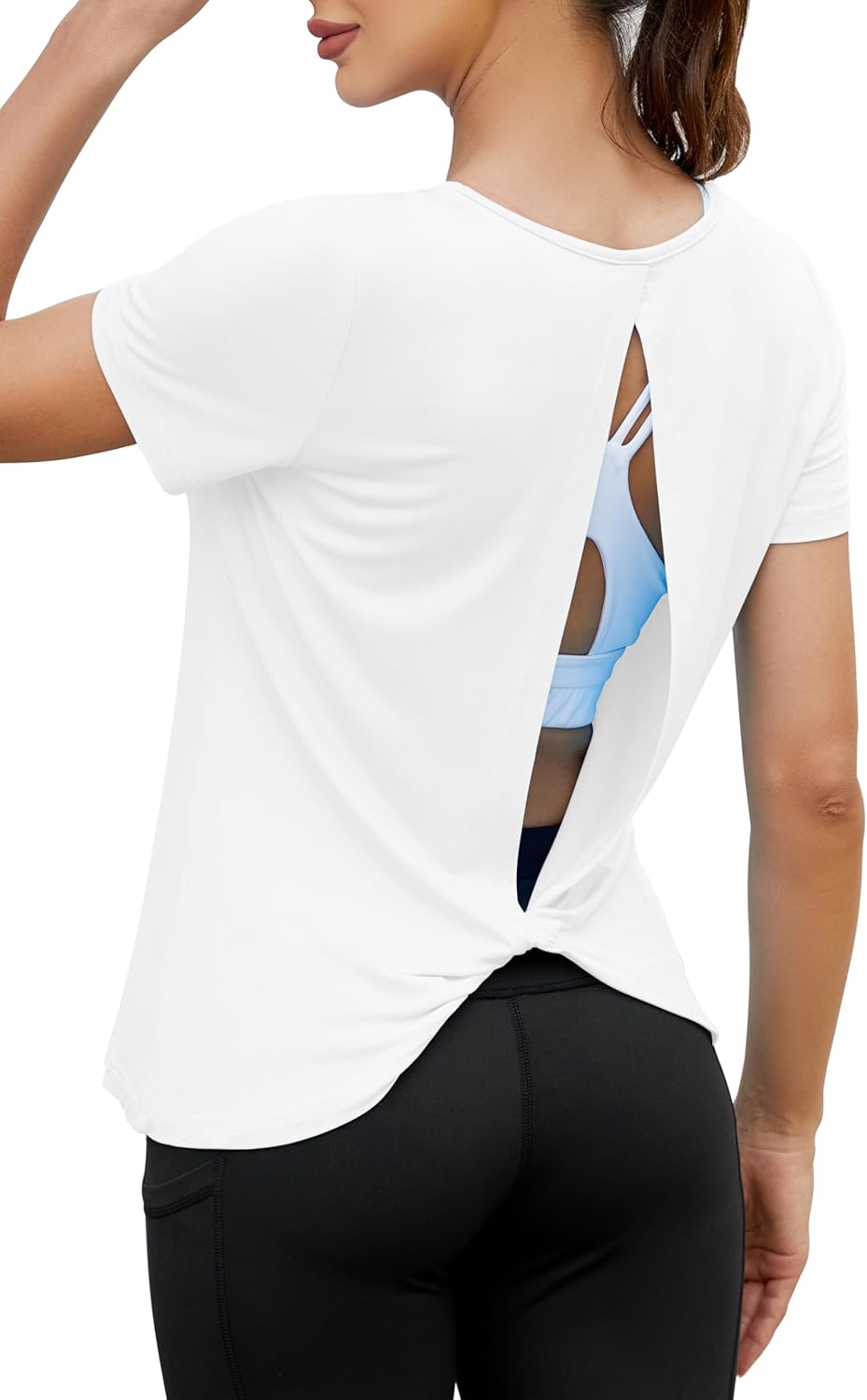 Mippo Workout Tops for Women - Soft Open Back Short Sleeve Athletic Yoga T-Shirts