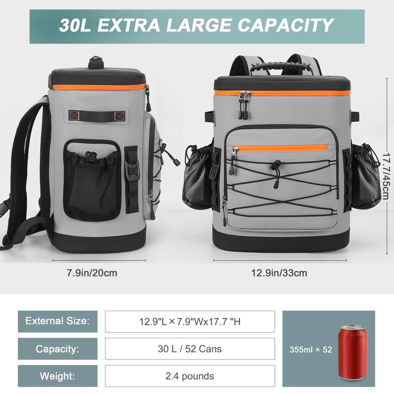 YOUNGOA Large 52cans Cooler Backpack, Insulated, Waterproof, Leak Proof, 30L Large Capacity (Grey)