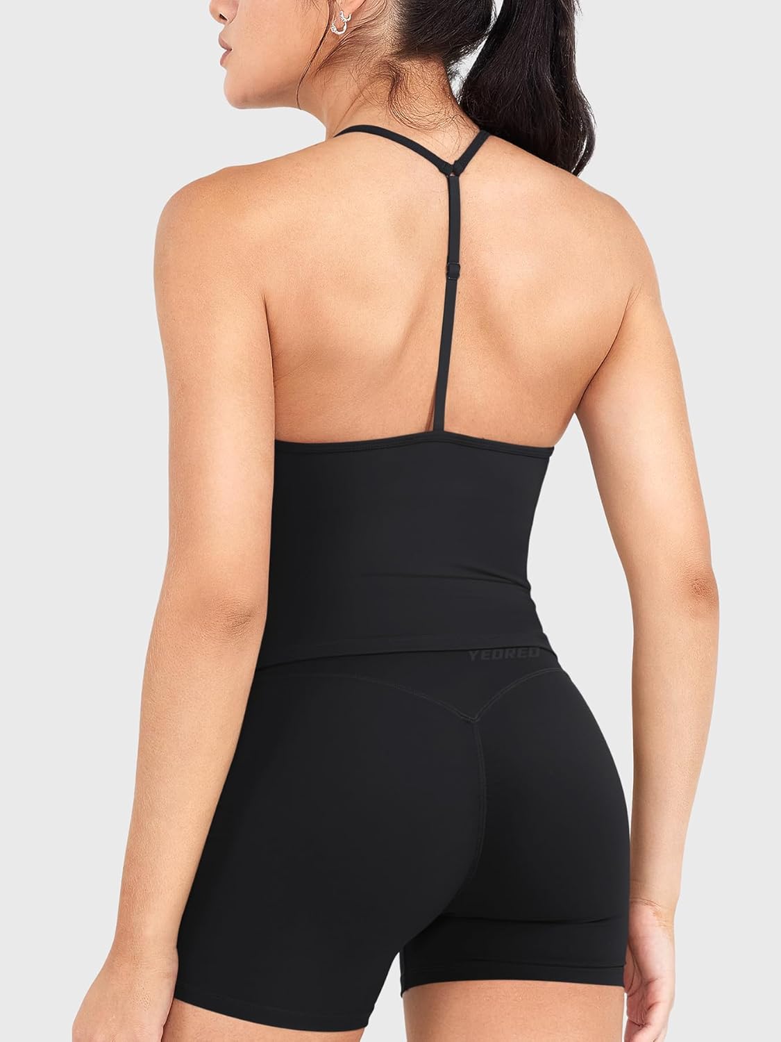 YEOREO Women's Halter Tank Top - Padded Deep V Neck Crop Top with Built-in Bra for Gym Workouts