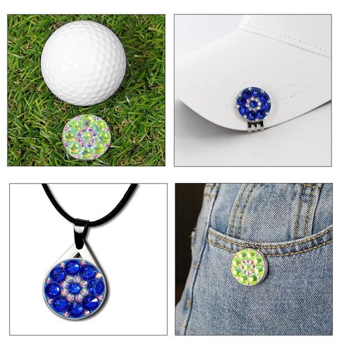 GOLTERS Golf Crystal Ball Marker Charm Necklace Pendant Hat Clip Gradient Color Gift Box Great Gift For Women Golfer (White/Dark Blue/Green necklace)