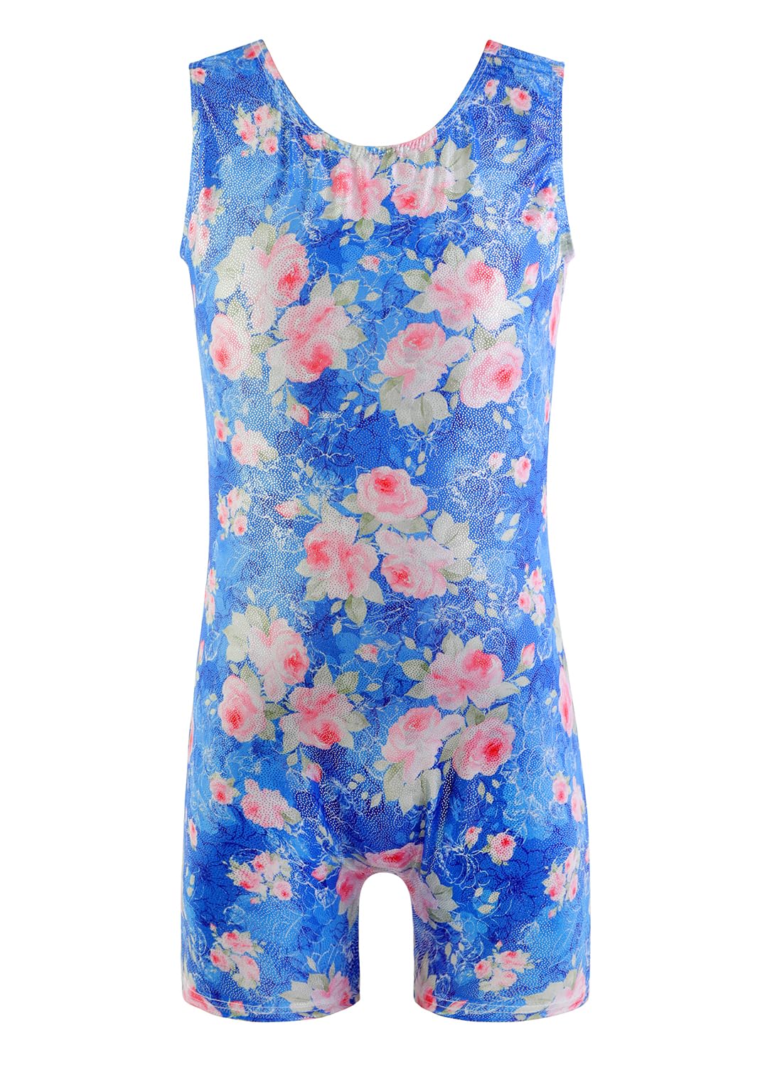 EQSJIU Girls Gymnastics Leotards With Shorts Blue Floral Shiny Sparkle Leotards For Girls 4t 5t 4-5t