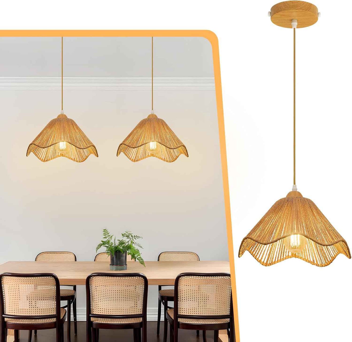 Rattan Chandelier Pendant Lights - 3 Pack Adjustable Height Boho Farmhouse Ceiling Fixtures for Kitchen & Dining Room