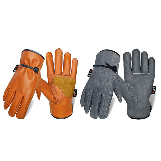 VZT 2 Pairs Leather Work Gloves for Men or Women, for Gardening, Construction, Wood Working. Heavy Duty, Driver, Motorcycle, Cowhide, Thick, Soft & flexible, Water Resistant, (Brown & Gray, Large)