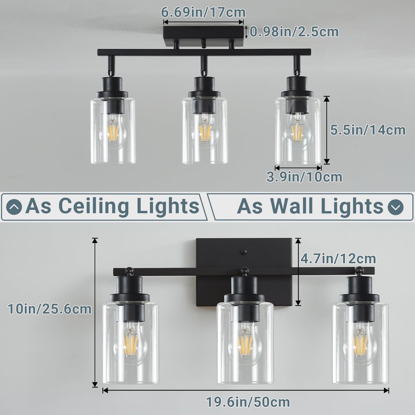 LOUSACE 3 Light Kitchen Track Light Fixtures Ceiling Vanity Lights Black, Bathroom Track Lighting Kit w/Rotatable Heads & Clear Glass Shade, Modern Wall Ceiling Tracking Light for Accent Shop Hallway