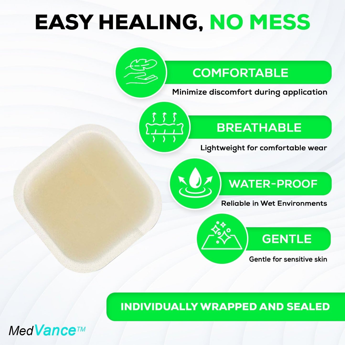 Medvance Absorbent Bordered Hydrocolloid Large Wound Dressing - Waterproof Skin-Friendly Adhesive Pads - Easy Apply Large Bandage - Wound Care & Dressings for Cuts & More (2"x2" Bandage) (Box of 10)