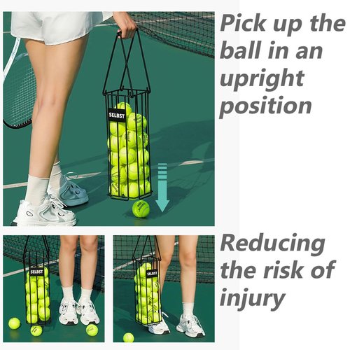 Selbst Tennis Ball Hopper, Tennis Balls Basket, Portable Pickleball Collector with Mesh Carry Bag - Large Capacity Carrier Picker Upper Caddy
