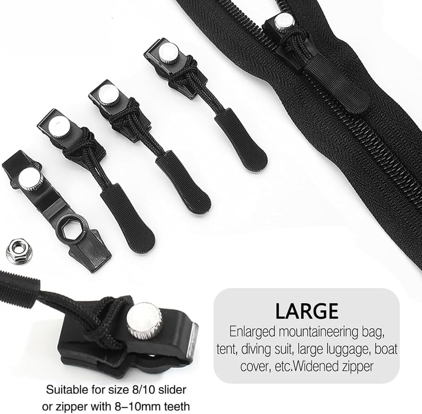 Universal Zipper Repair Kit - Quick Install Replacement Zippers for Jackets, Luggage & Bags - 3 Sizes