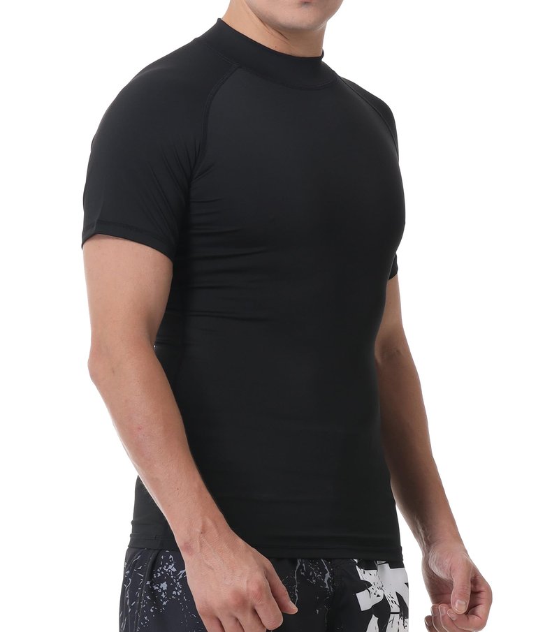 Red Plume Mens Compression Mock Turtleneck Short Sleeve Shirt High Neck Athletic Tops Football Run Pullover Sports Undershirt Black