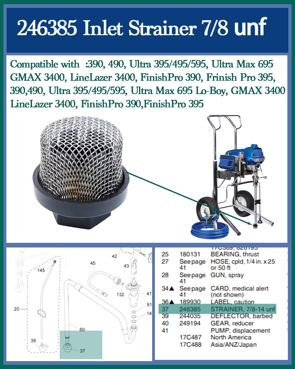 LUCKXUANYUAN 2Pack 246385 Inlet Strainer,Hose Inlet Strainer Filter, 7/8 unf Compatible with Graco 390 395 490 495 495 595 3400 Airless Sprayer Paint Sprayer Parts, for Sprayer Filters.