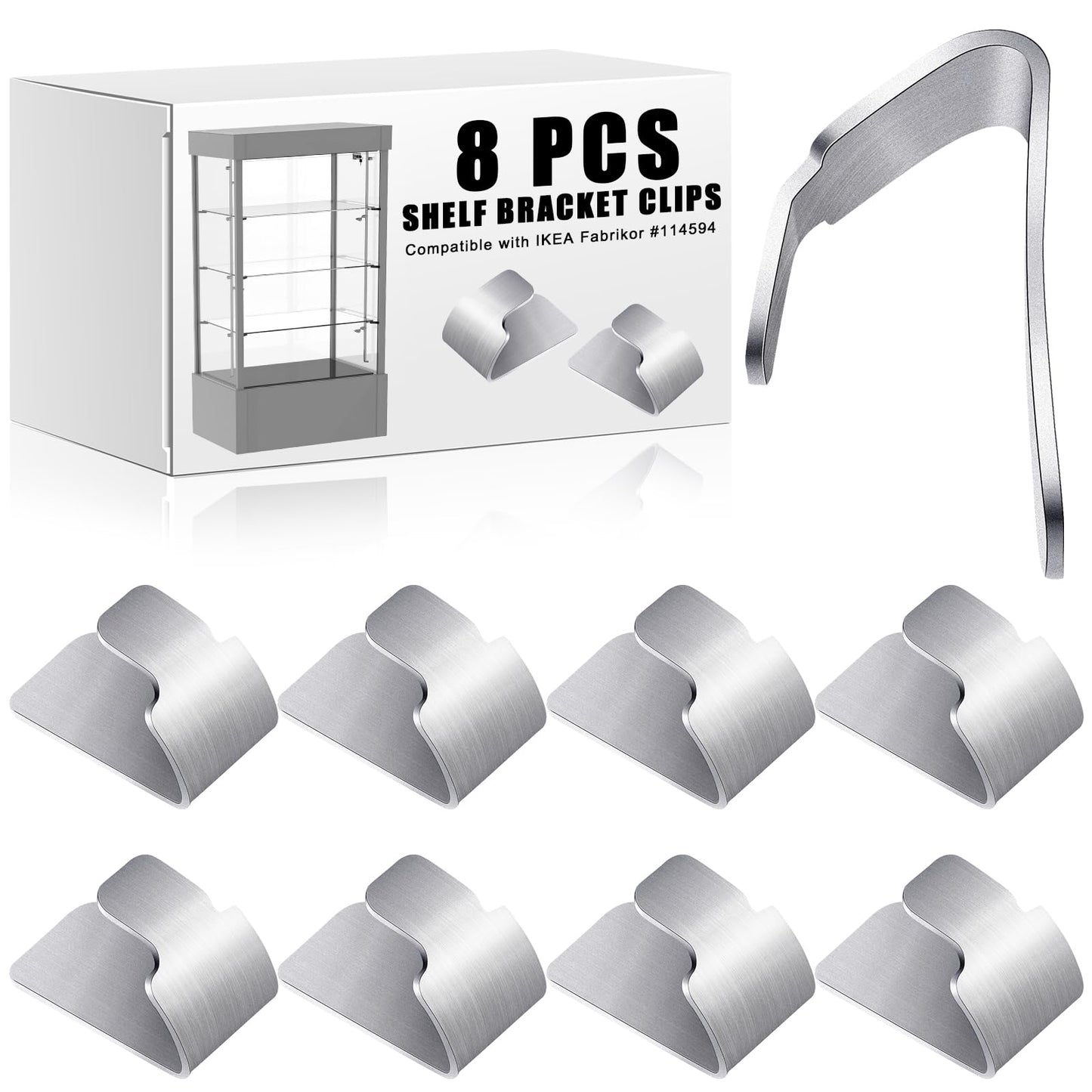 Yaocom 8 Pcs Metal Shelf Bracket Clips Compatible with IKEA Fabrikor # 114594 Bookcase Shelf Bracket Glass Door Galvanized Steel Silver