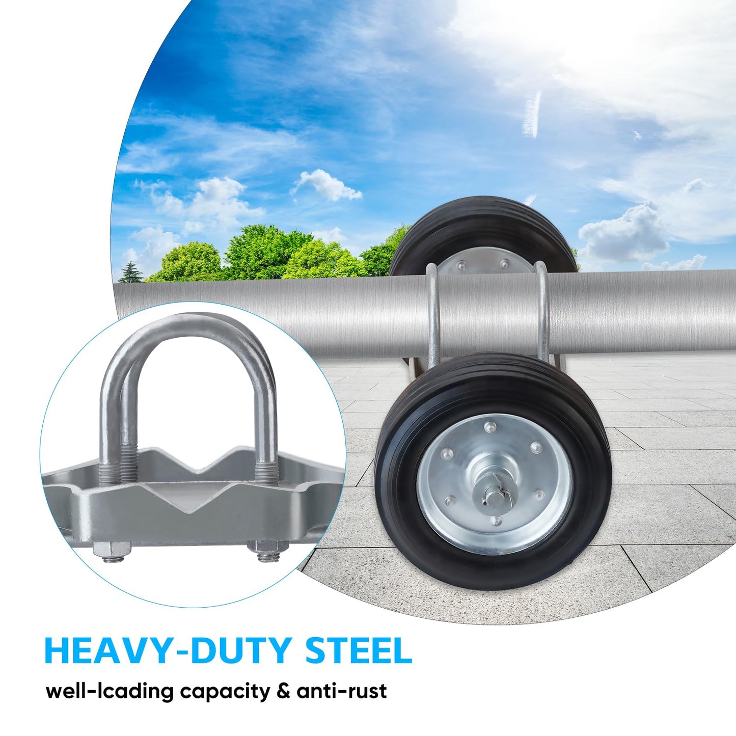 Heavy-Duty Steel Rolling Gate Wheel Carrier, 8" Rubber Wheels, Adjustable Steel U-Bolts, for Chain Link Gates or Metal Fence or Wooden Gate