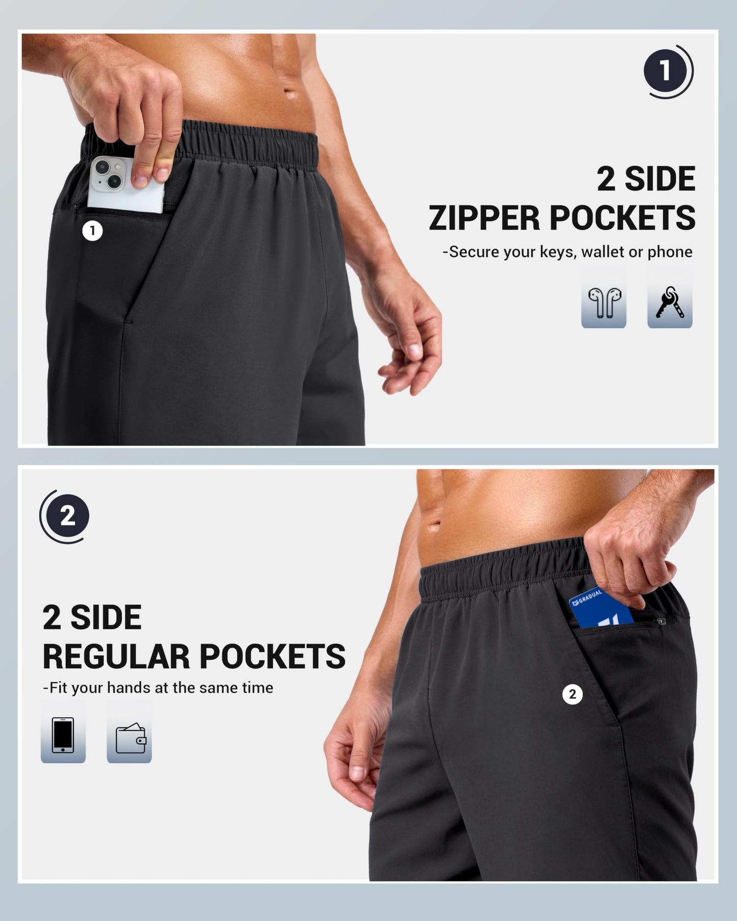 G Gradual Men's Workout Gym Shorts with 2 Zipper Pockets 7"/ 5"/ 9" Quick Dry Athletic Running Basketball Shorts for Men (Black, 7L)
