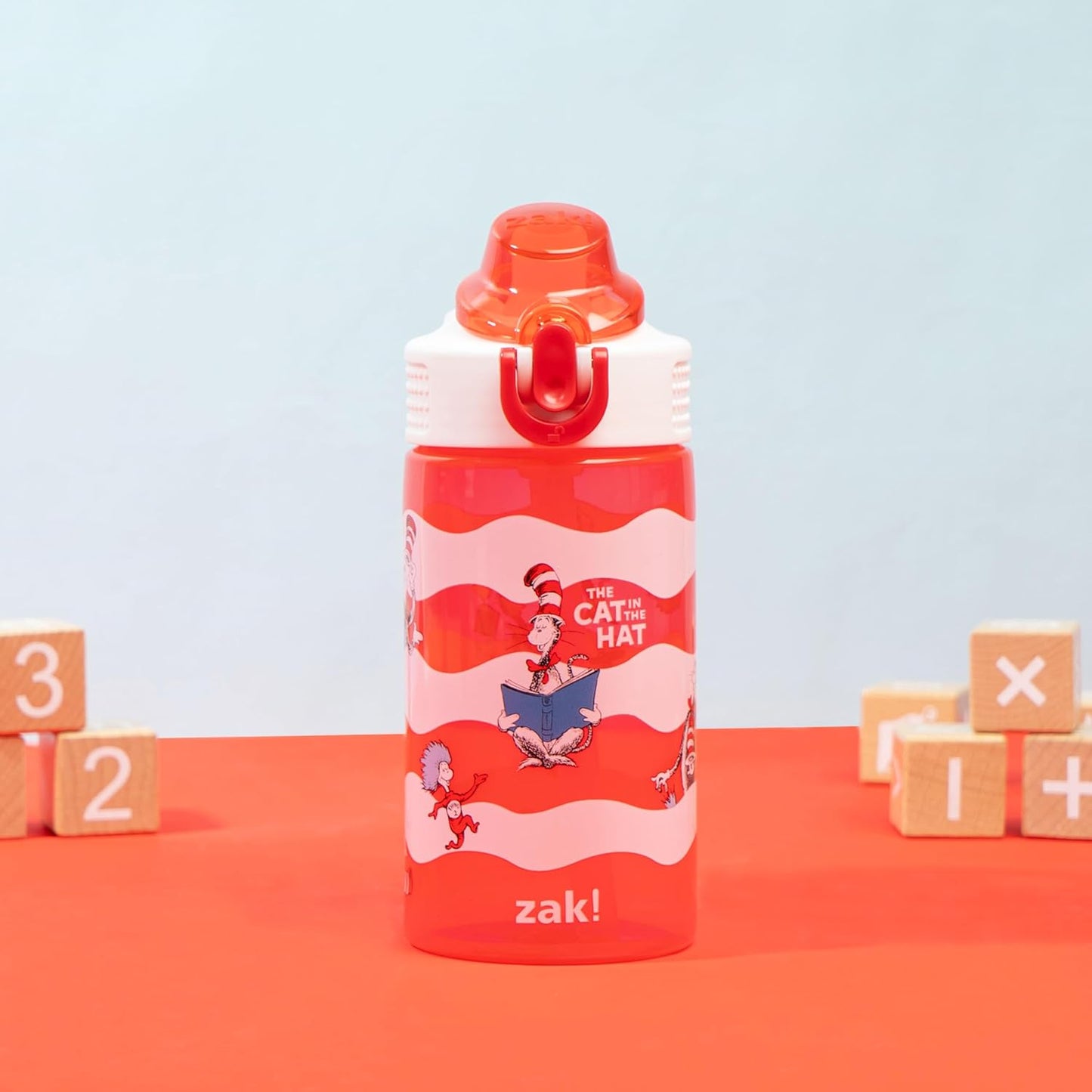 Zak Designs Dr. Seuss Kids Water Bottle - 16oz Durable Plastic, Leak-Proof With Straw & Handle | The Cat in the Hat