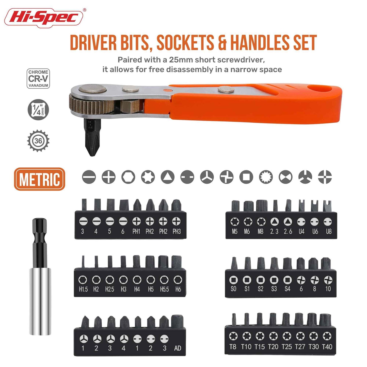 Hi-Spec 68pc Long Extended Screw Driver Bits and Mini Ratchet Wrench Handle Set. DIY Accessories Kit of 25 and 75mm Hex Shank Screwdriving Bits for Drill Drivers