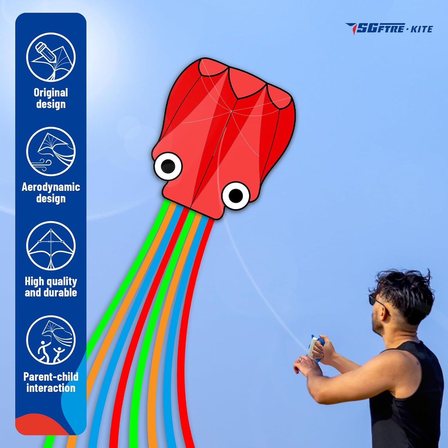 SGftre Octopus Kites - Easy to Fly 3-Piece Set for Kids & Adults | Colorful Red, Blue & Green