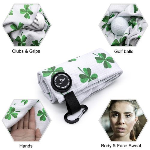 Aliennana Magnetic Golf Towel, Microfiber Waffle Design with Clip - Industrial Strength Magnet for Strong Hold to Golf Bags, Carts Clubs (Lucky Clover)