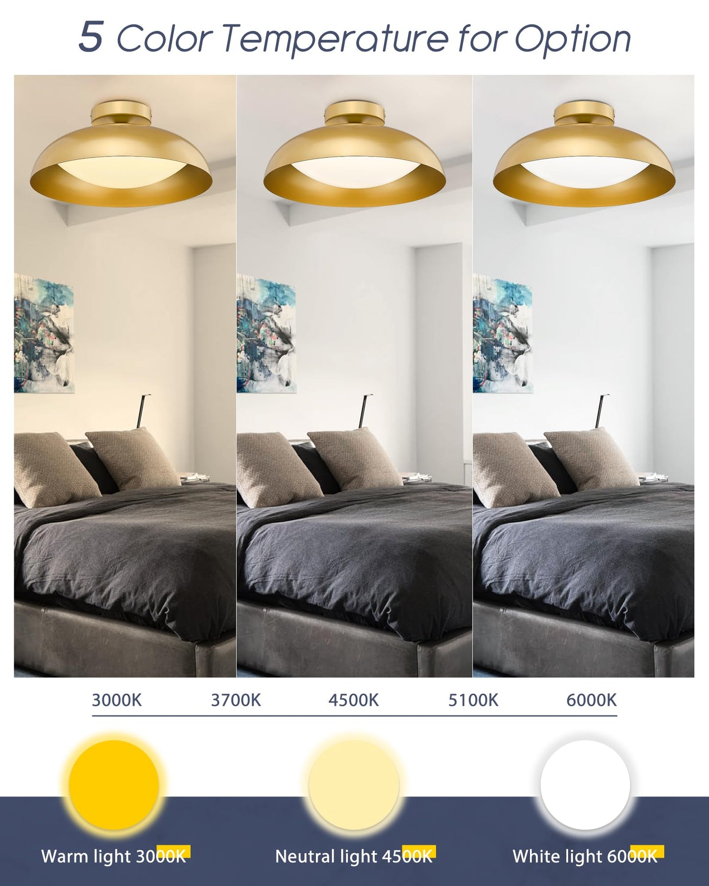 kudos Gold Semi Flush Mount Ceiling Light, 16 Inch LED Ceiling Light Fixtures, 23W/1300Lm Light Fixtures Ceiling Mount, 5CCT Adjustable, KDCL02-GD