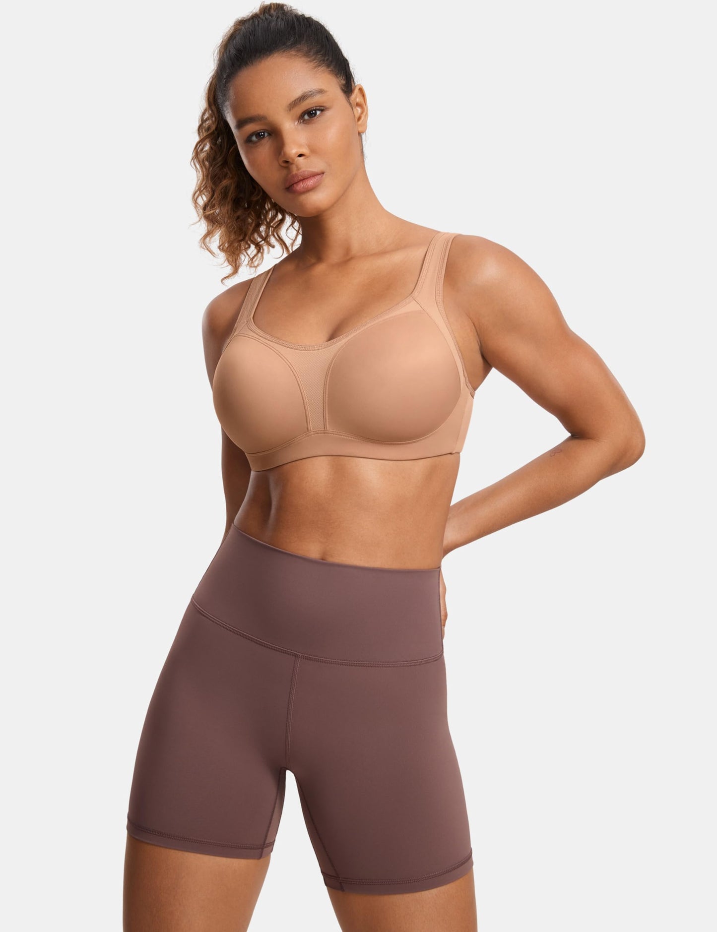 SYROKAN Women's High Impact Underwire Sports Bra High Support Large Bust Padded Adjustable Straps Running Bra Barely Buff 36D