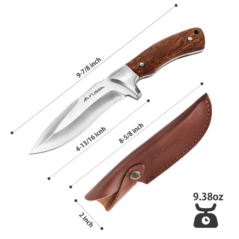 Flissa Fixed Blade Knife with Sheath, 9.8'' Full Tang Hunting Knife with High Carbon Steel Blade, Non-Slip Rose Wooden Handle, Lanyard Hole, Camping Knives for Hiking, Outdoor, Hunting, Survival, Camping