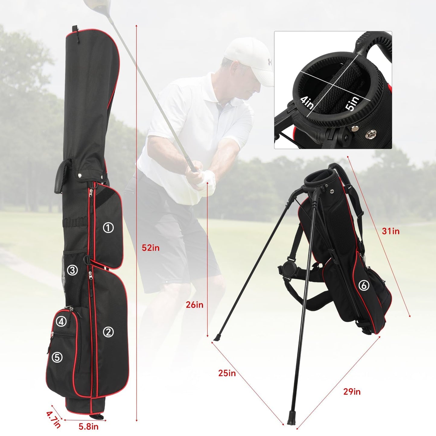 Golf Bag Lightweight Carry Bag, Dual Strap Golf Stand Bag with 6 Pockets, Lightweight Small Golf Bag for a Few Clubs and Rain Cover Hood