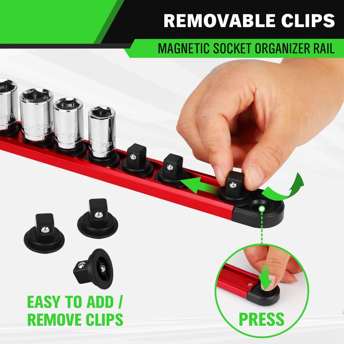 3/8-Inch Magnetic Socket Organizer Rail, Aluminum Alloy Socket Rail, Heavy Duty Sockets Holder with 14 Clips, 360° Swivel Clip Tool Tray, Sockets Organizer for Tool Box Drawer (Red)