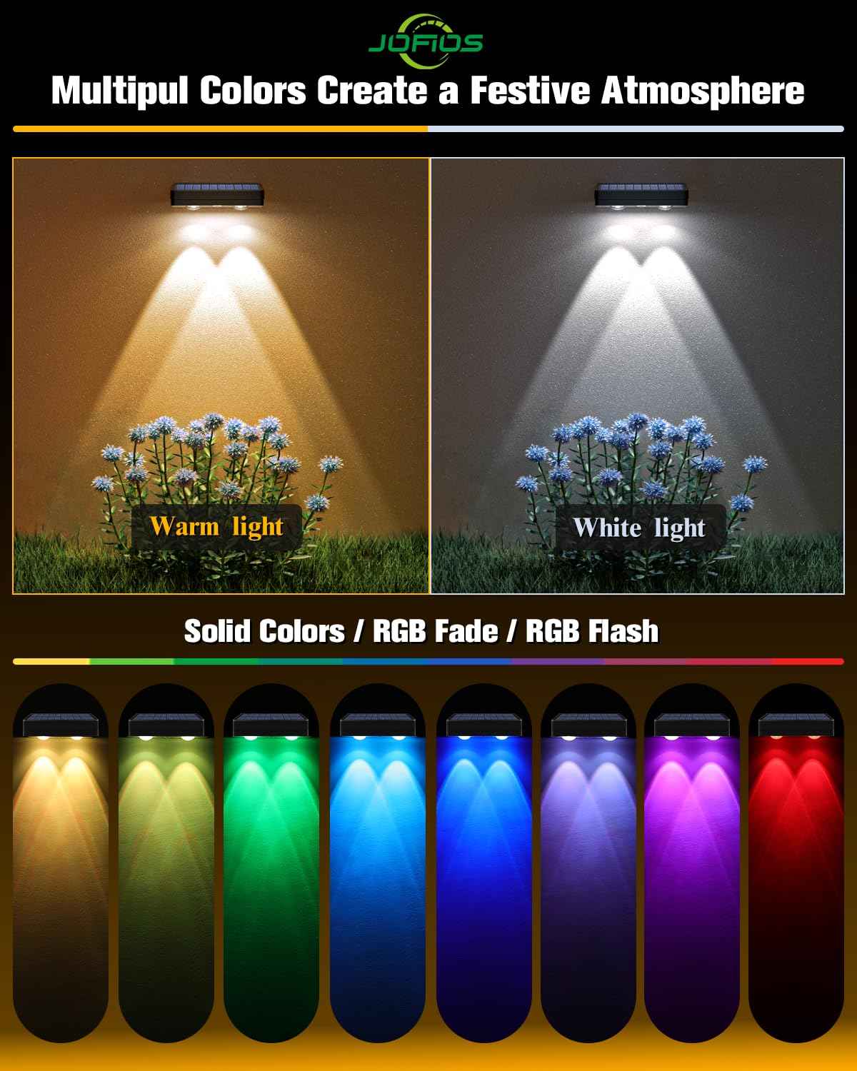 JOFIOS Solar Fence Lights 12 Pack, 50 Lumens Outdoor Fence Solar Lights with 12 Modes RGB Color Glow LED Solar Lights Outdoor Waterproof, Solar Lights for Patio, Backyard, Deck, Fence, Railing.