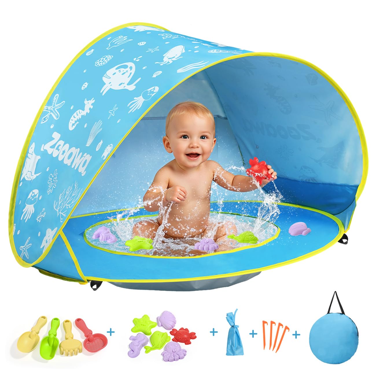 Zooawa Baby Beach Tent, Pop Up Beach Tent Sun Shade for Beach, Portable Shade Pool UV Protection Sun Shelter for Infant with Beach Sand Toys Set, Blue