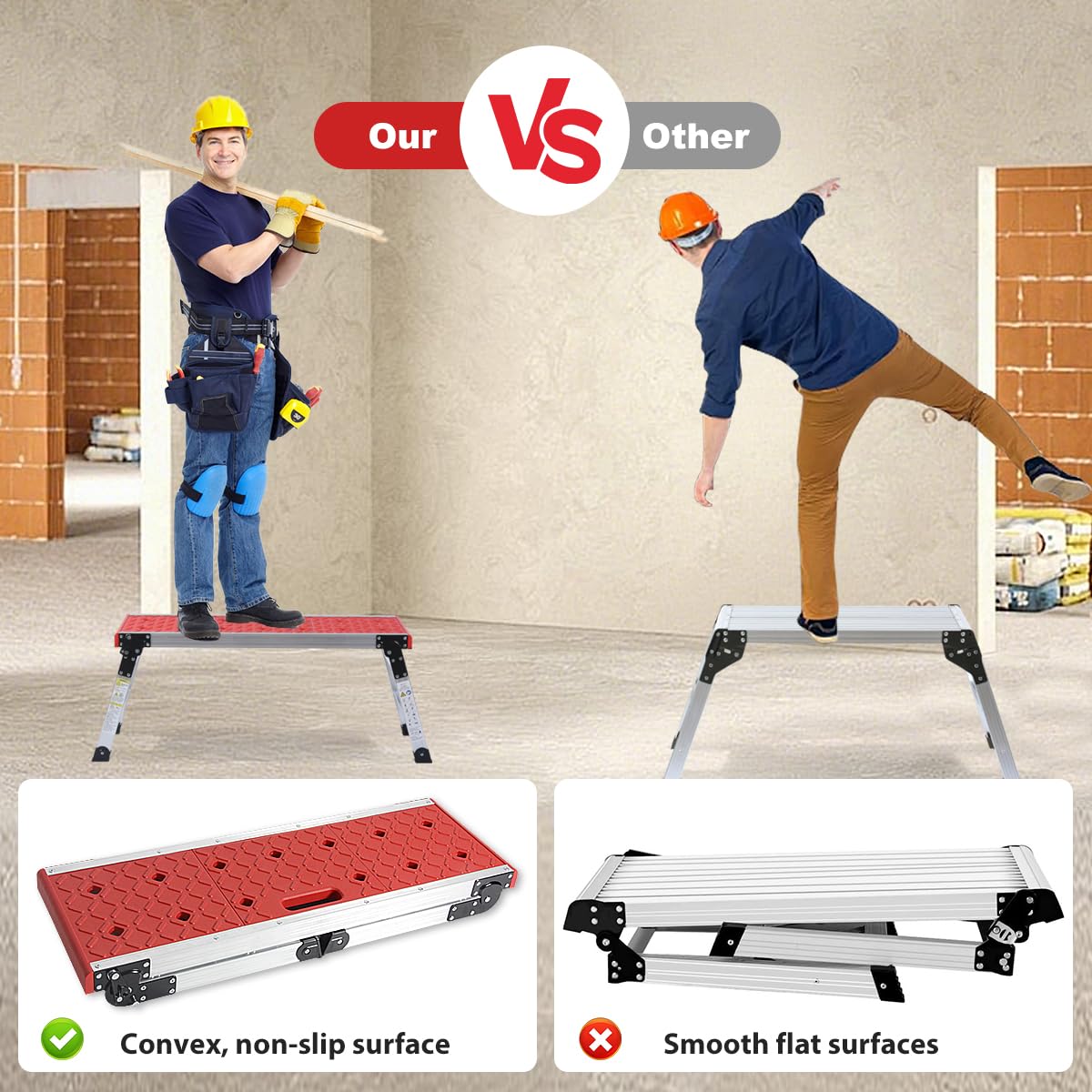 LEADALLWAY Folding Work Platform with Anti-Slip Feet Cover, Practical Step Ladder for Home Garage, Maximum Load 330lbs, Red