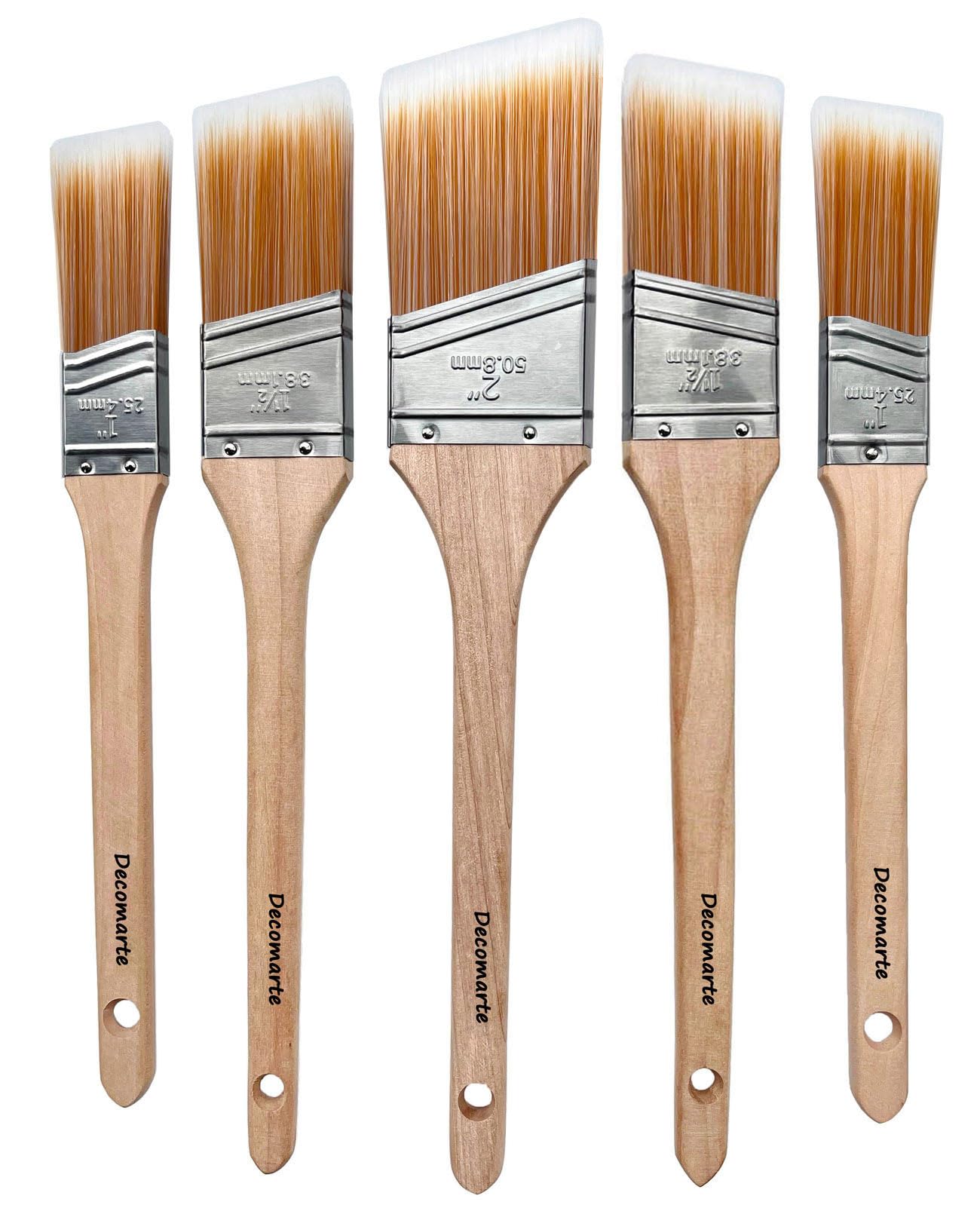 Decomarte Thin Soft Bristle Long-Handled Wood Angled Sash Stain Brush for Painting Doors, Furniture, Wall Trim, House Touch Ups, Enamel Home Decorating Lacquer Paint Brush Pack Assorted