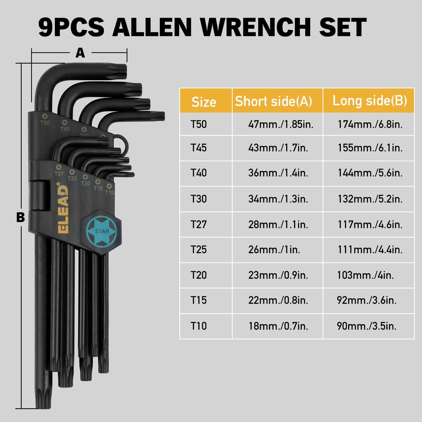 ELEAD 11-Piece Torx Star Allen Wrench Set with Extension Bar, Long Arm Torx Key Set T10-T50, Heat-Treated S2 Steel