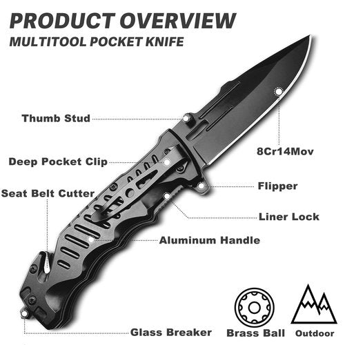 MADSABRE Black Pocket Knife with Clip, 9.6" Work Knife EDC Folding Knives with Seat Belt Cutter and Glass Breaker, Foldable Knife for Survival Camping Hiking Fishing Hunting