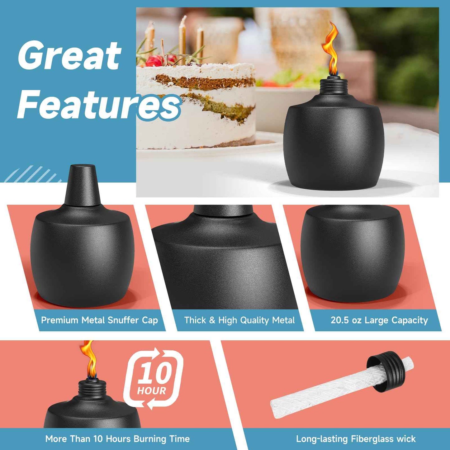 FALBAWR 2-Pack Citronella Tabletop Torches, 21.5 oz Table Top Torches for Outdoor, Metal Oil Burner Candles, Garden Torches with Fiberglass Wick for Yard, Patio, Deck, Garden, Party, Landscape